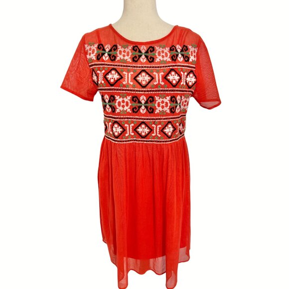 Zara Baby Doll Mini Dress Women Medium Red Embroidered Mesh Keyhole Short Sleeve - Picture 2 of 10